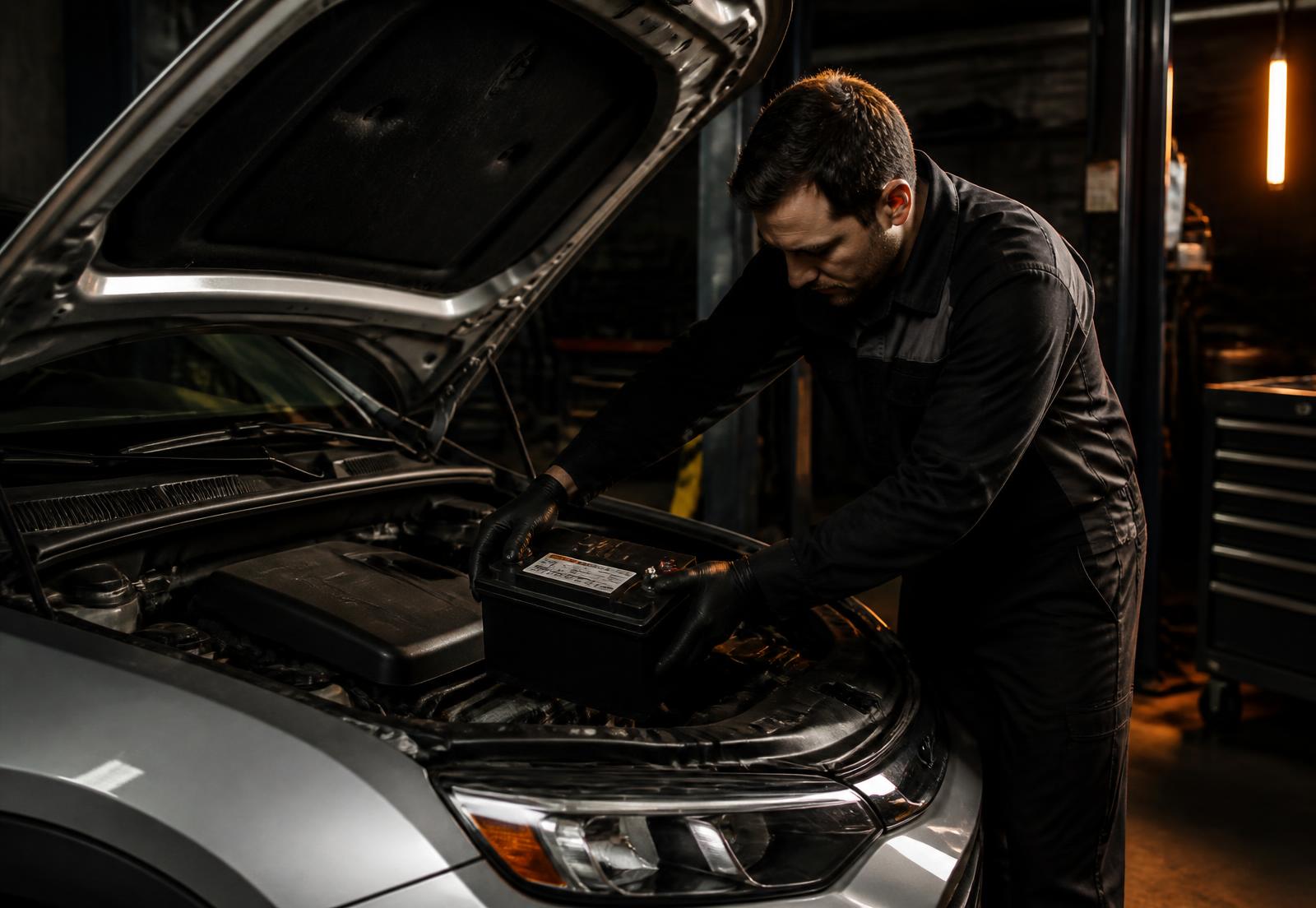 Technician installing a new car battery during a battery replacement service in Gurugram